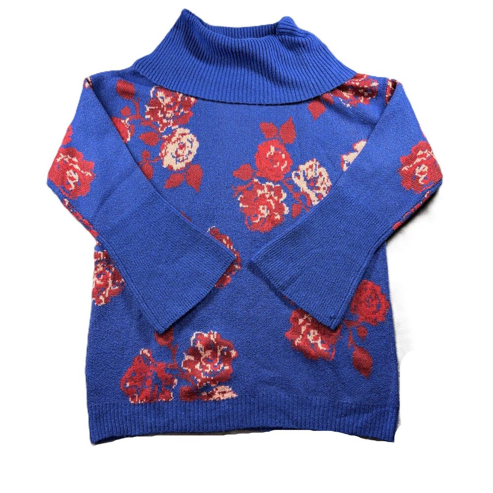 Pioneer Woman NEW Floral Jacquard Cowl Neck Sweater Bell Sleeve Blue Large Q137
